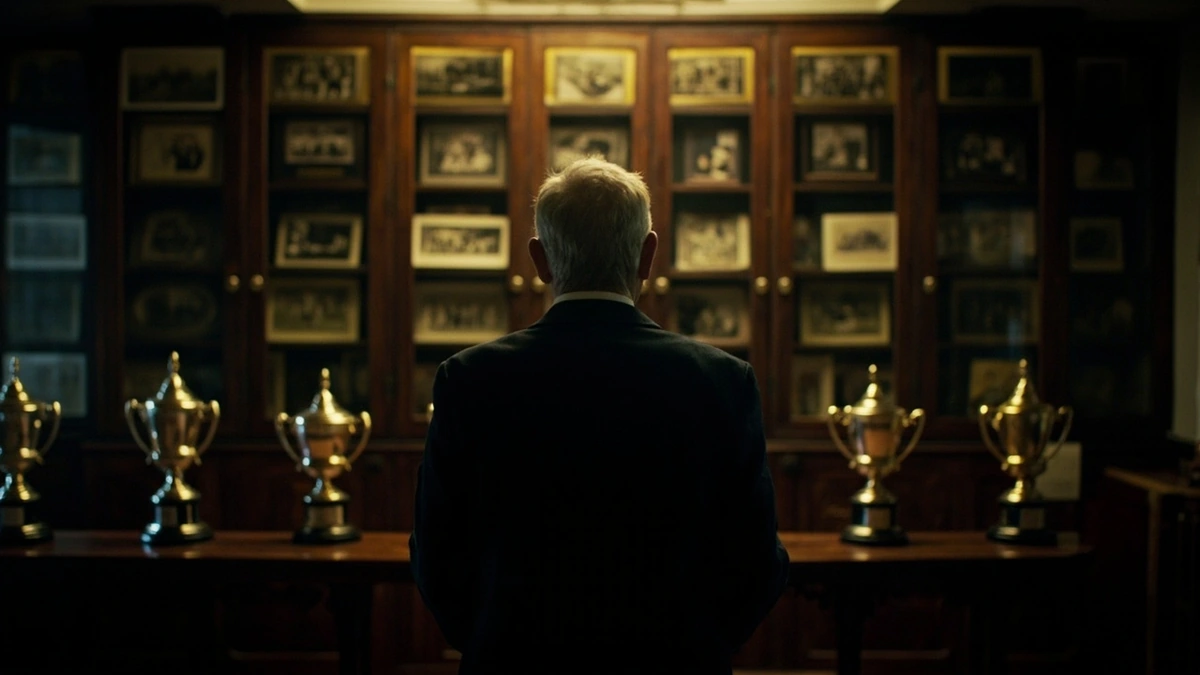 Veteran cricket coach reviewing championship trophies in a pavilion legacy display