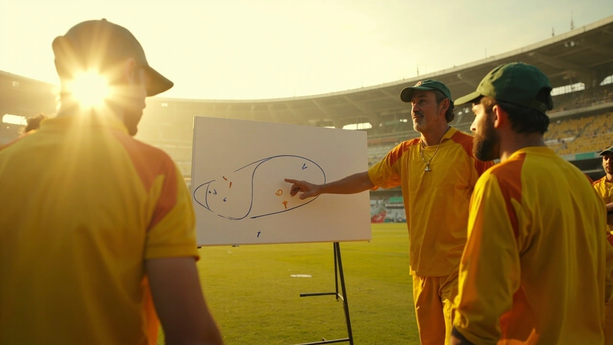 Experienced cricket coach leading a tactical field-position session with professional players