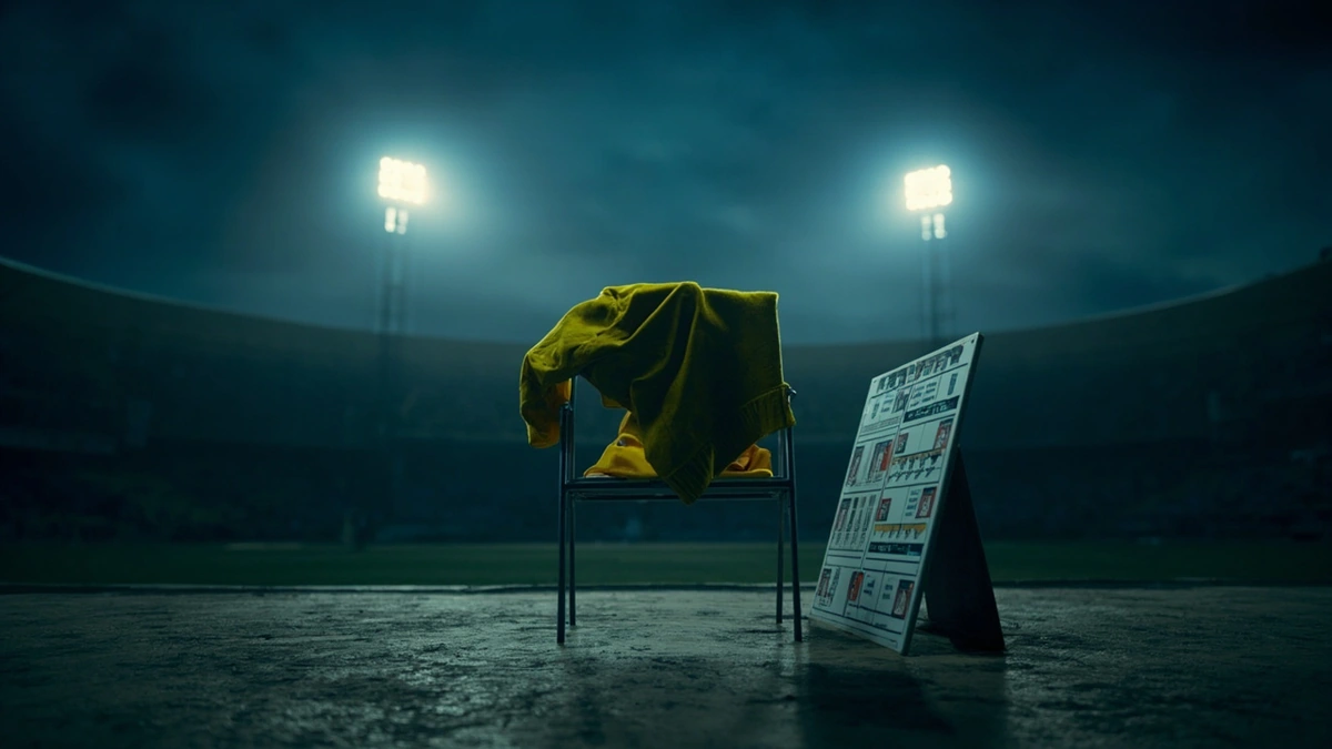 Empty cricket head-coach chair and yellow training jacket in a stadium dugout at dusk