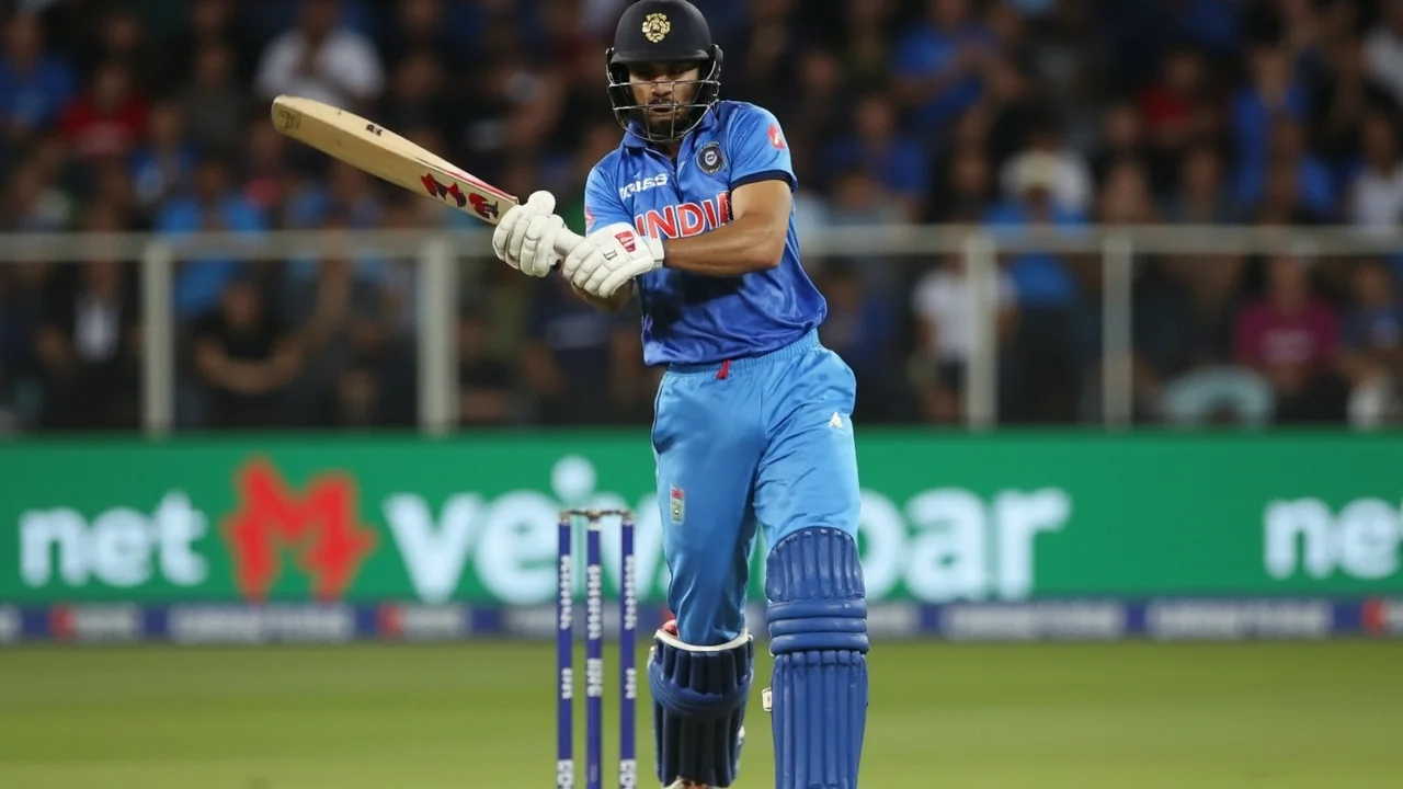 T20I batter playing a controlled cover drive at the crease under floodlights at a UK ground