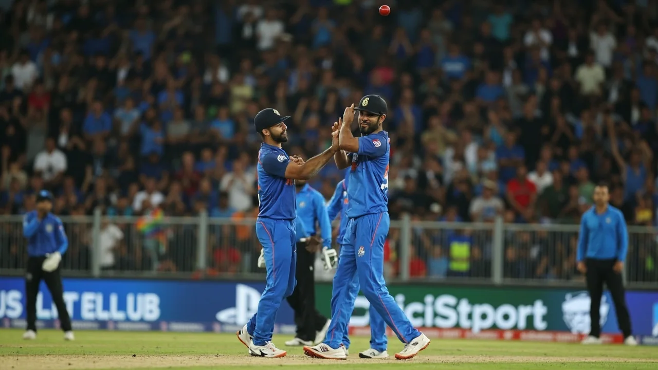Cricket fielding ring set for a middle-over delivery with fielders visible at slip, point and mid-off