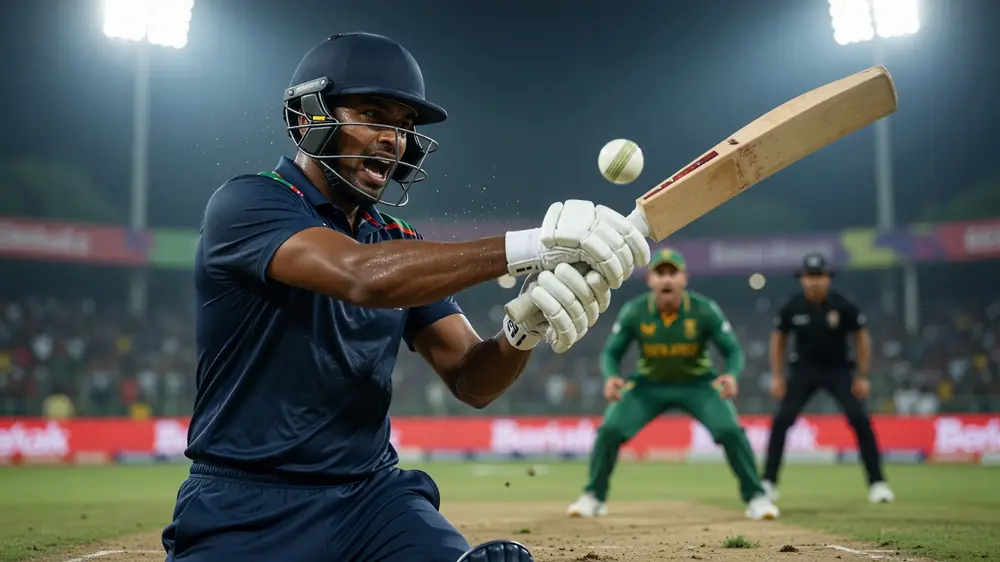Cricket bowler mid-delivery with the ball high above the shoulder on a floodlit ground
