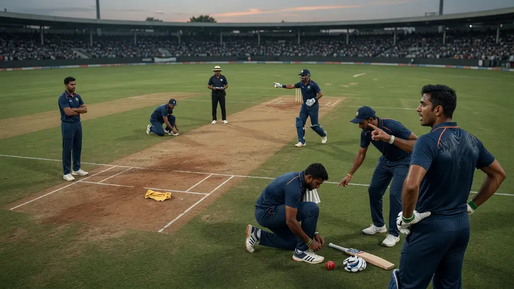 Fielding group gathered on the pitch during a daylight practice or tactical discussion