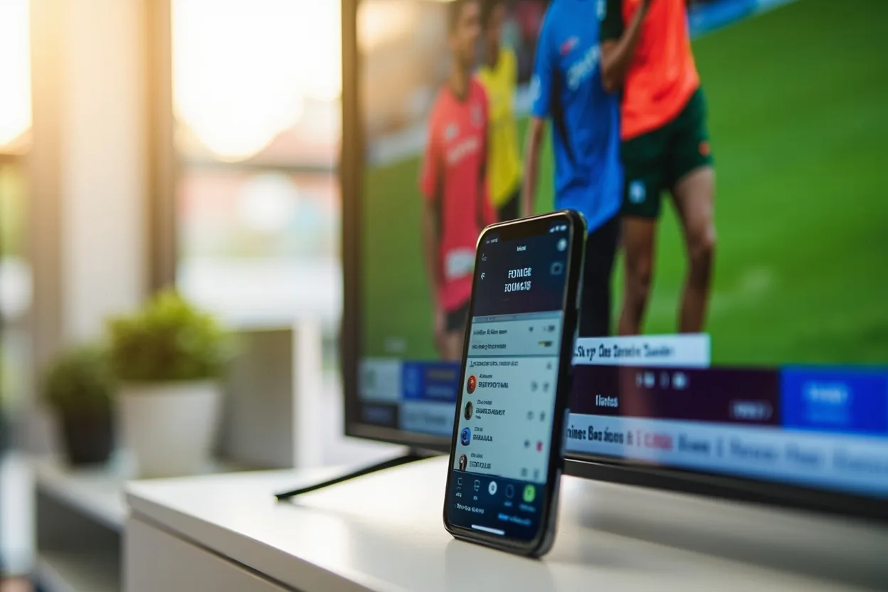 A television and smartphone displaying the IPL 2026 live broadcast and a fantasy points overlay side by side