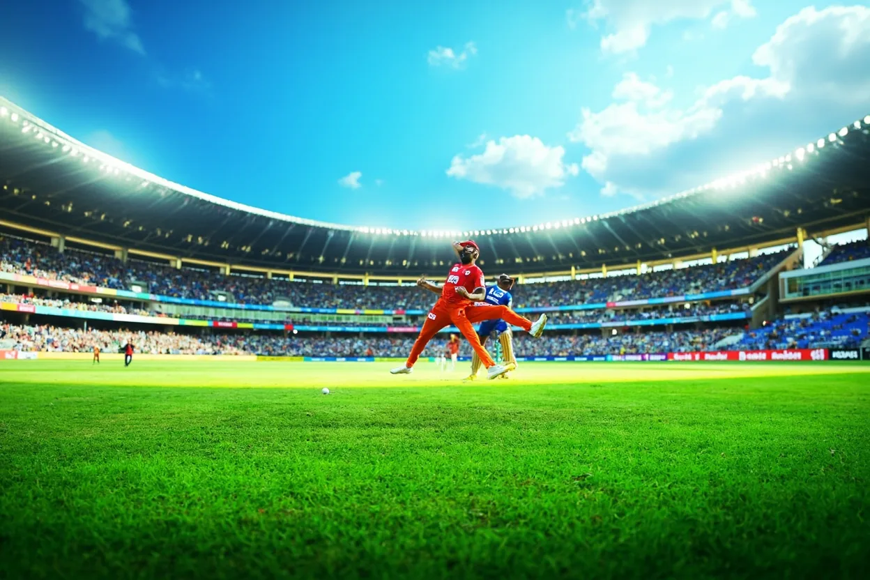 Cricket stadium floodlights with the IPL 2026 logo and a fantasy points tally overlay