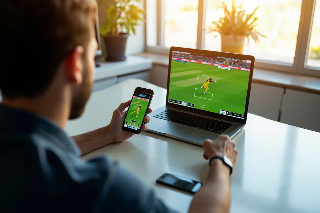A user watching the IPL 2026 live stream on a laptop with a fantasy app open on a phone beside it