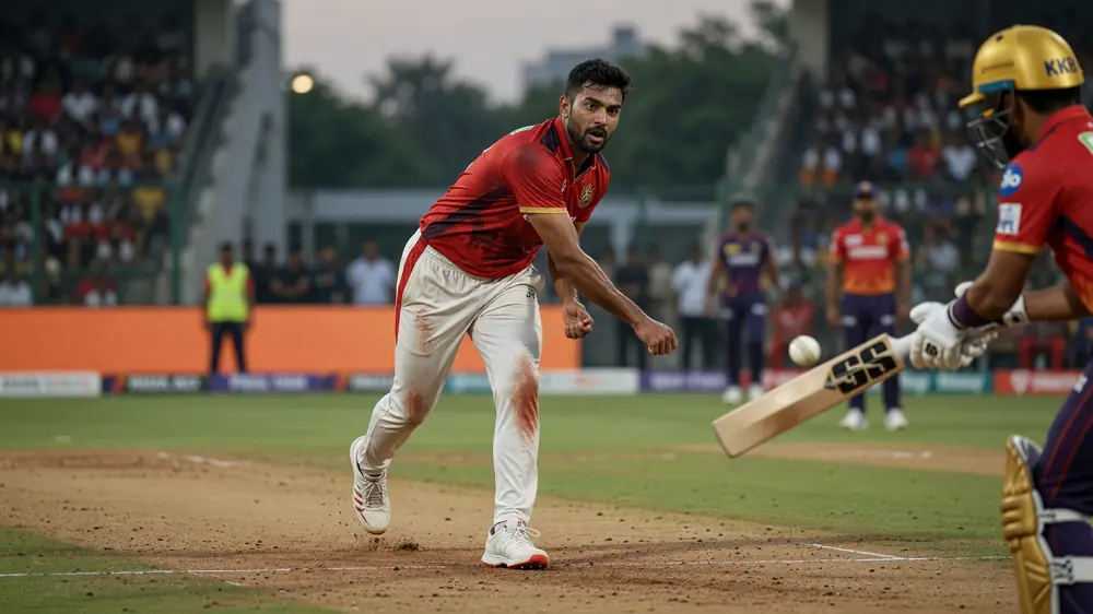 Cricket batter mid-shot under stadium lights with shallow depth of field and blurred crowd behind