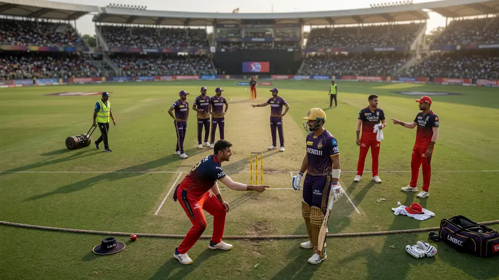 Tactical cricket field setup with fielders in position around the pitch during an evening match